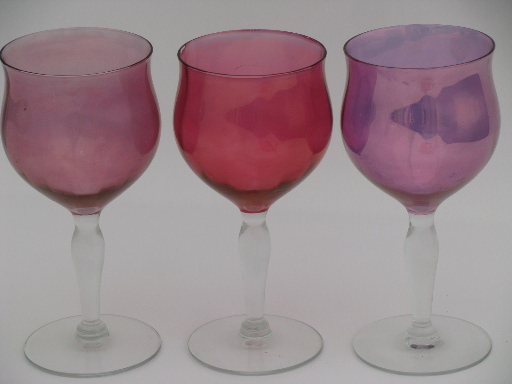 Vintage wine or water glasses, colored luster tulip shape goblets