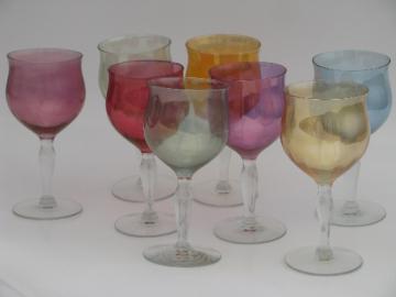 Vintage wine or water glasses, colored luster tulip shape goblets