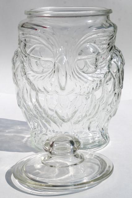 vintage wise old owl Libbey clear glass gallon canister, cookie jar w/ lid