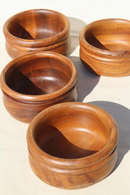 vintage wood salad bowls, wooden bowl set, carved acacia or monkey pod wood