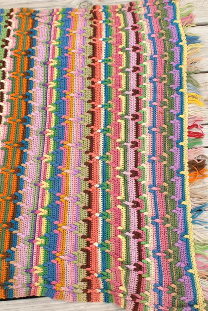 vintage wool blanket, striped crochet afghan throw, hippie boho prairie style retro!