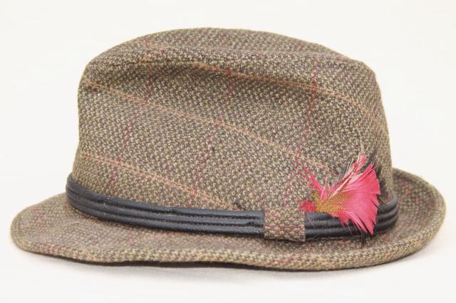 vintage wool tweed men's fedora hats, stingy brim fedoras, tweedy country hat