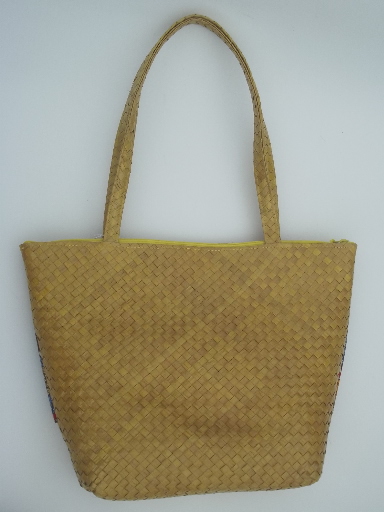 Vintage woven basket bag purse w/ print cotton scarf tie, new w/ tag
