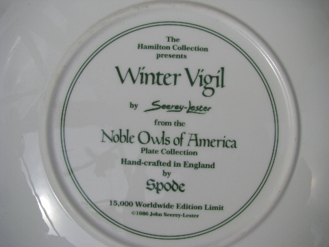 Winter Vigil, Spode plate - Noble Owls of America, Hamilton