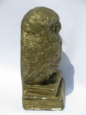 Wise old owl w/ books of Knowledge, vintage paperweight or book end