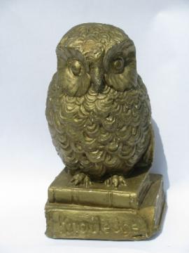 Wise old owl w/ books of Knowledge, vintage paperweight or book end