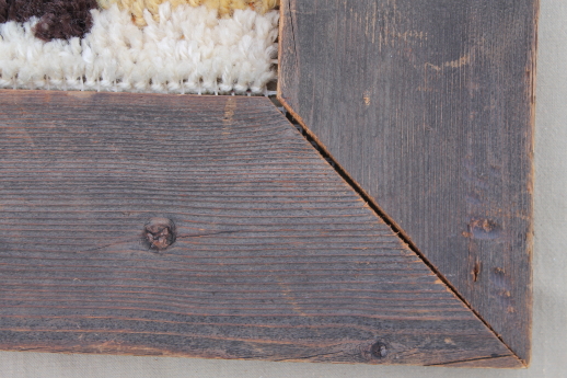 Woodland owl in rustic vintage wood frame, retro 70s shag rug wall hanging
