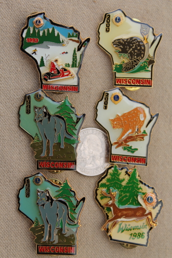 100+ pin collection, collectible Lions club enamel pins, many from Wisconsin