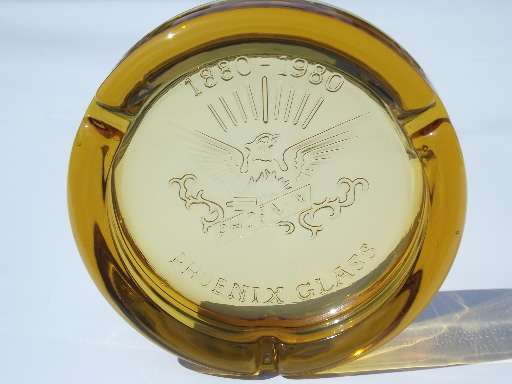 100 years Phoenix Glass 1880-1980 amber ashtray, vintage Anchor Hocking