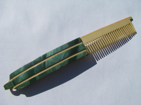 1920s vintage jade green & french ivory celluloid folding pocket / travel comb