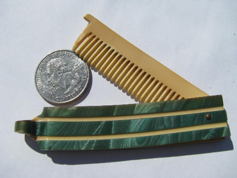 1920s vintage jade green & french ivory celluloid folding pocket / travel comb