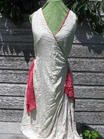 1920s-30s flapper evening gown, embroidered ivory rayon w/ rose drapes