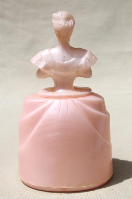 1940s 50s vintage vanity jar powder box, pink plastic lady doll dressing table bottle