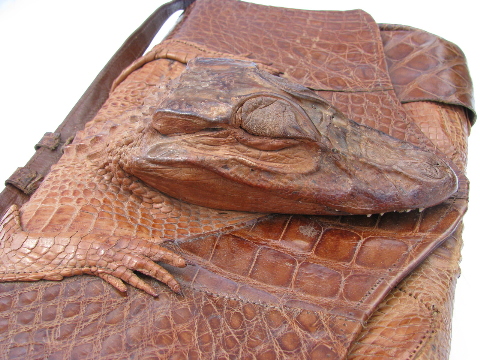 1940s baby alligator purse w/ full body hide & head, vintage Brazilian leather