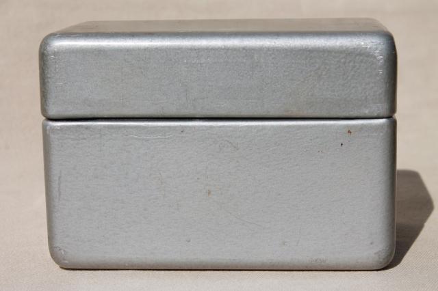 1950 vintage industrial metal card file box w/ mod streamlined shape for mid-century desk