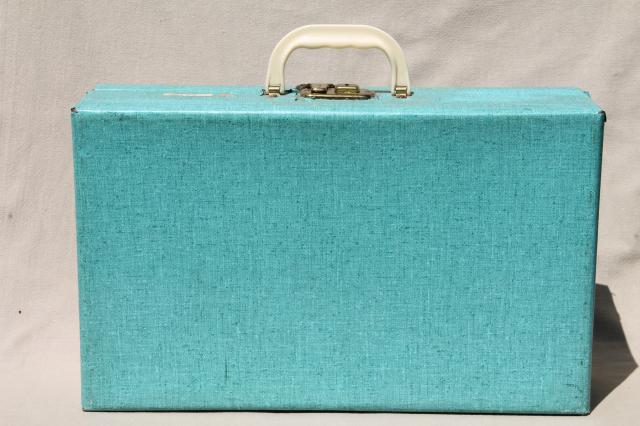 1950s 60s vintage little suitcase w/ retro turquoise color contact paper