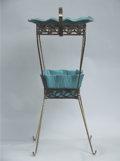 1950s 60s vintage wire smoking stand w/ huge ceramic ashtray, turquoise & gold!