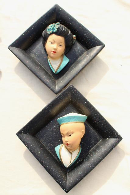 1950s vintage Chinese boy & girl chalkware wall plaques, Miller Studios?