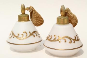1950s vintage DeVilbiss perfume atomizer bottles, frosted glass w/ gold