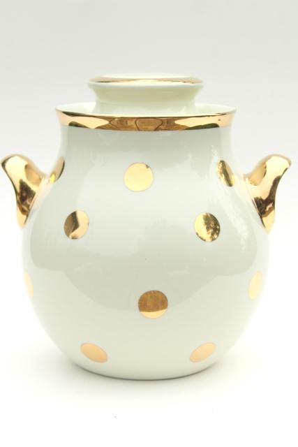 1950s vintage Hall china cookie jar, mod gold dots polka dot dotted spotted!