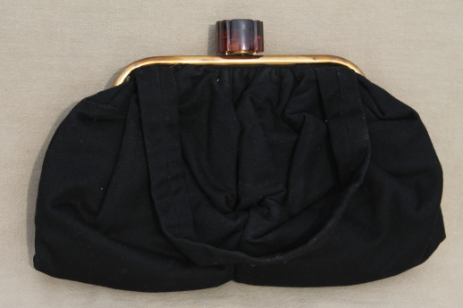 1950s vintage Lewis purse, black wool handbag w/ tortoise plastic clasp