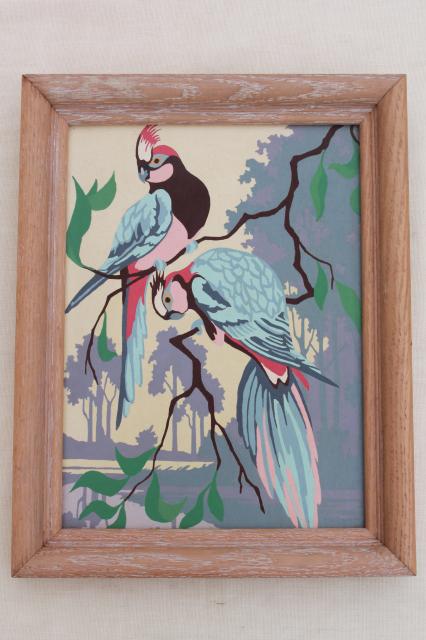 1950s vintage paint by number pictures, pink & blue parrots, retro wall art