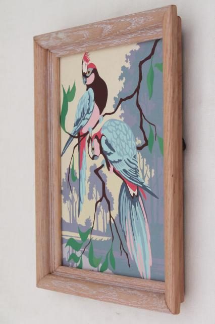 1950s vintage paint by number pictures, pink & blue parrots, retro wall art
