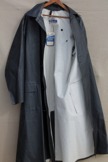 1950s vintage US Rubber waterproof raincoat long black trench coat new old stock