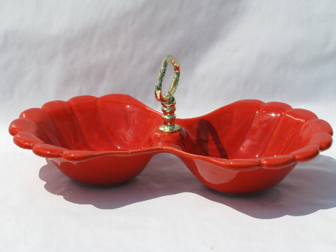 1950s-60s orange ceramic double bowl server w/ handle, California pottery