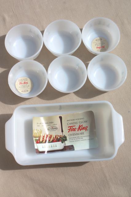 1960s vintage Candle Glow Fire-King milk glass baking dishes set w/ original paper labels