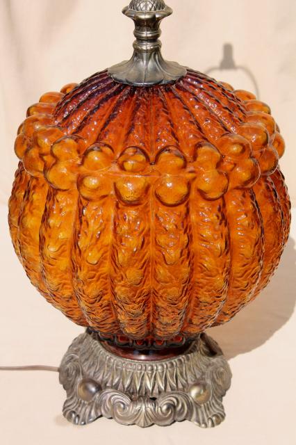 1960s vintage amber glass lamp w/ huge textured glass globe lantern lighted base