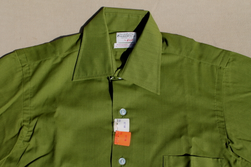1960s vintage deadstock size 14 1/2 shirt w/ french cuffs, deep avocado green color Union label