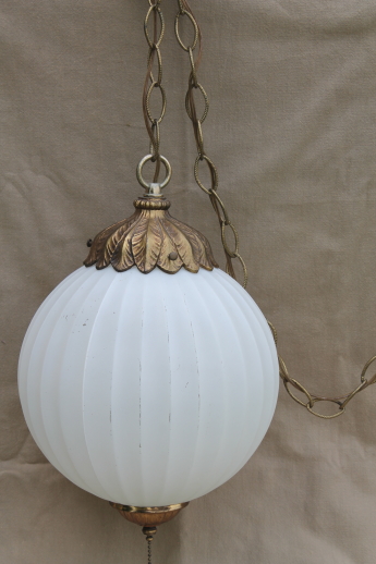 1960s vintage swag lamp, Hollywood regency gold & white pendant light w/ round glass shade
