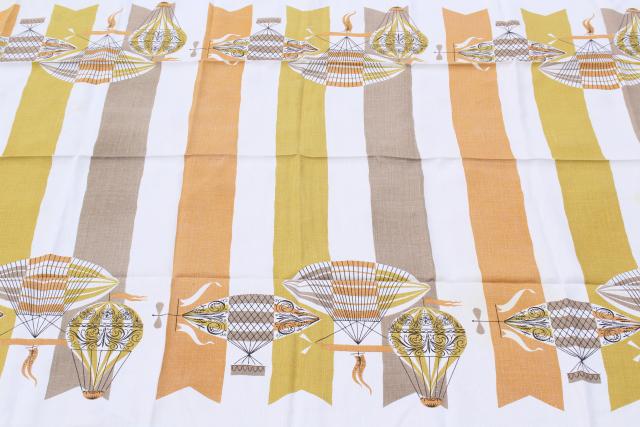 1960s vintage tablecloths, yellow, gold, coral pink retro hot air balloons, fruit & flowers
