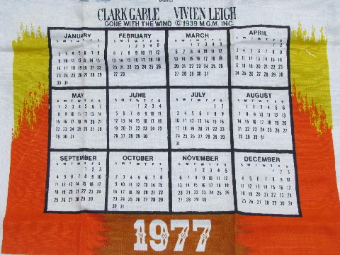 1970s vintage print cotton calendar kitchen towel, Gone With The Wind