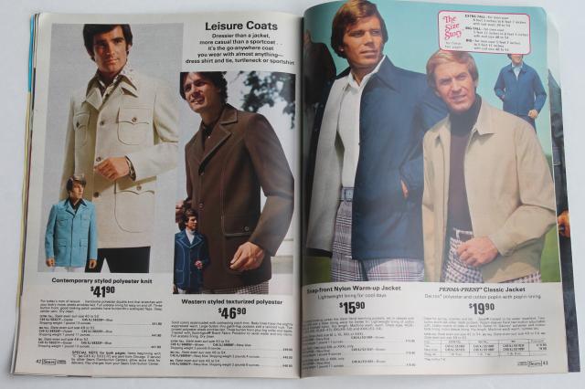 1975 Sears catalog book of men's big & tall clothes, groovy retro disco fashion!