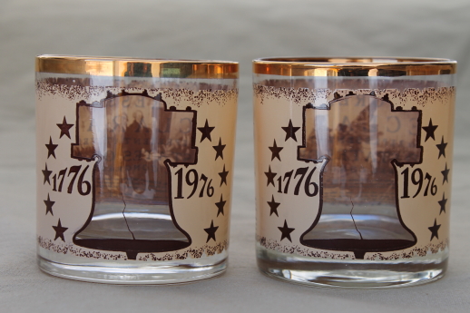1976 Liberty Bell rocks glasses set, vintage old fashioneds drinking glasses