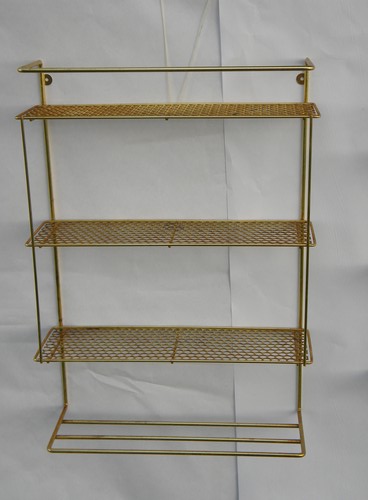 2 retro vintage hanging wall shelf units with metal mesh shelves