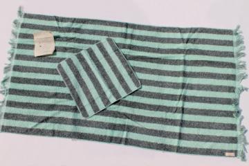 30s vintage bath towel & washcloth set, art deco black & mint green striped cotton