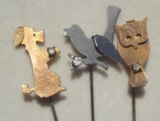 40s 50s vintage novelty stickpins, animal stick pins, dog, bird & owl