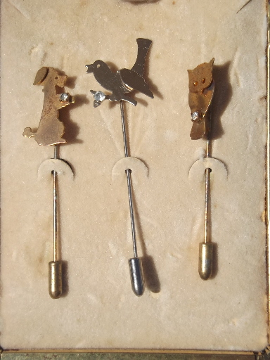 40s 50s vintage novelty stickpins, animal stick pins, dog, bird & owl