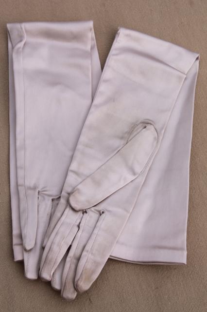 40s vintage Saks Fifth Avenue oyster grey stretch satin ladies gloves, retro pin-up opera length