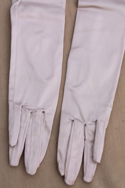 40s vintage Saks Fifth Avenue oyster grey stretch satin ladies gloves, retro pin-up opera length