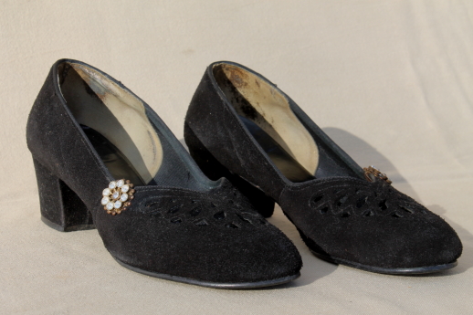 40s vintage velvet black suede leather round toe pumps, mid heel dance shoes w/ rhinestones