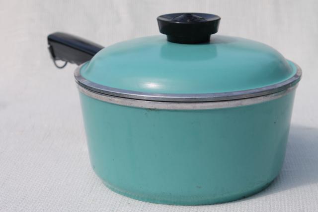 50s 60s vintage Club aluminum pots & pans in retro aqua turquoise blue color
