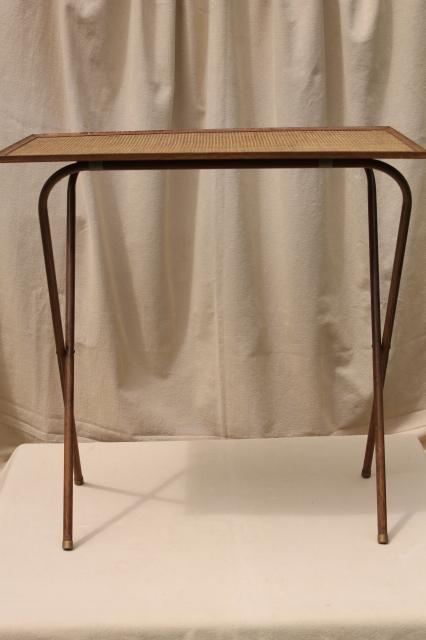 50s 60s vintage TV tables, retro metal folding table set w/ mid-century mod grasscloth