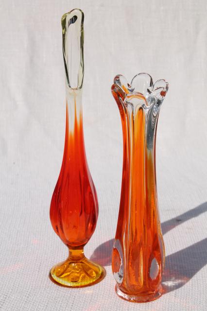 50s 60s vintage art glass bud vases, mod flame orange / clear glass hand blown swung shapes