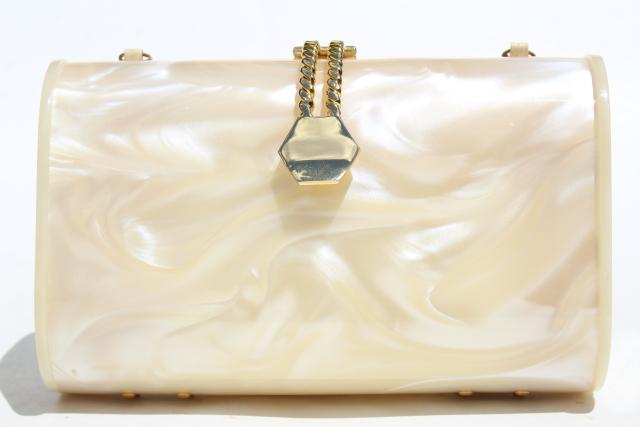 50s 60s vintage pearly plastic evening purse, compact box bag, clutch w/ shoulder strap chain