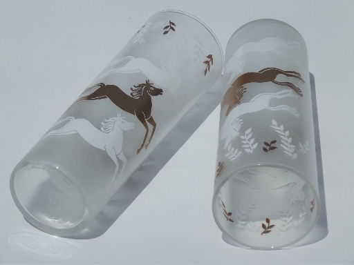50s 60s vintage tall cooler glasses, deco mod horse print drinks tumblers