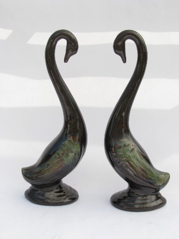 50s mod art pottery console set, flower bowl & pair long necked swans